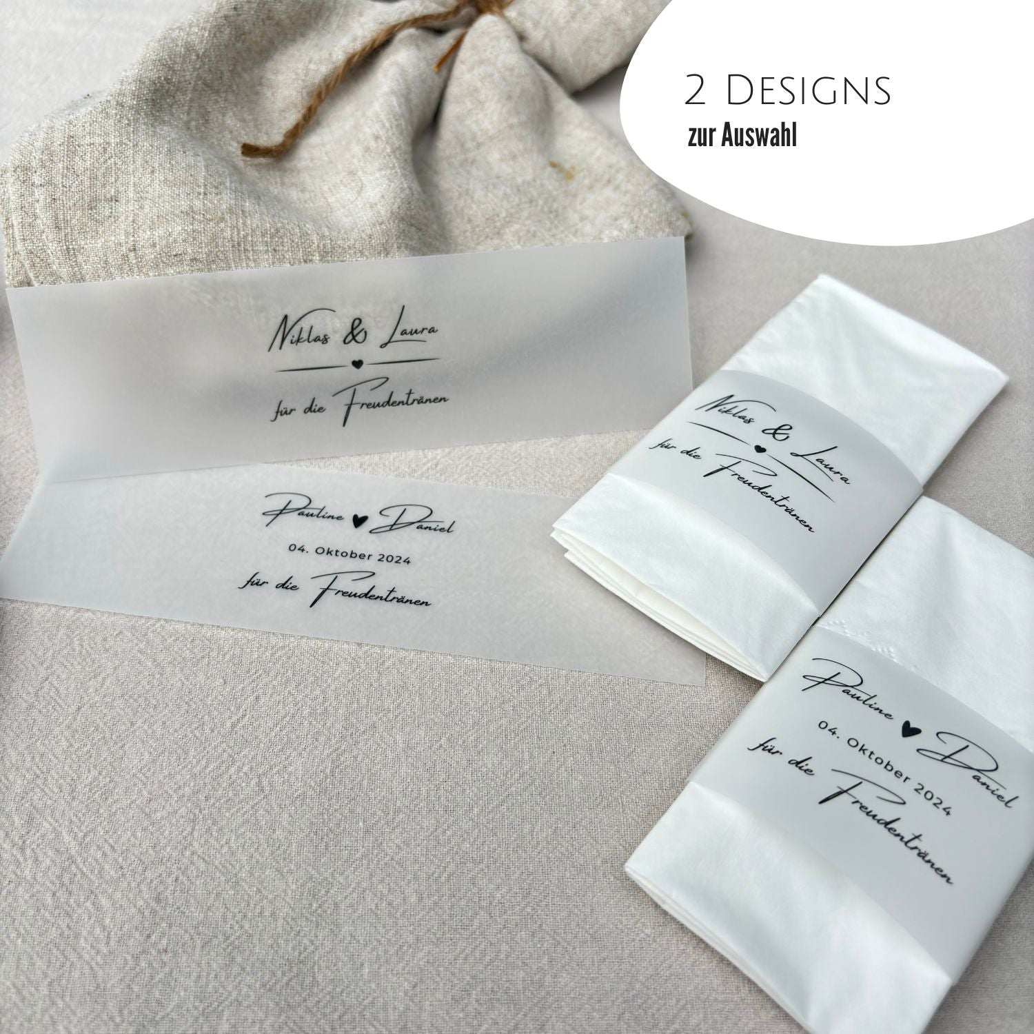 Personalisierte transparente Banderolen für Hochzeitstaschentücher