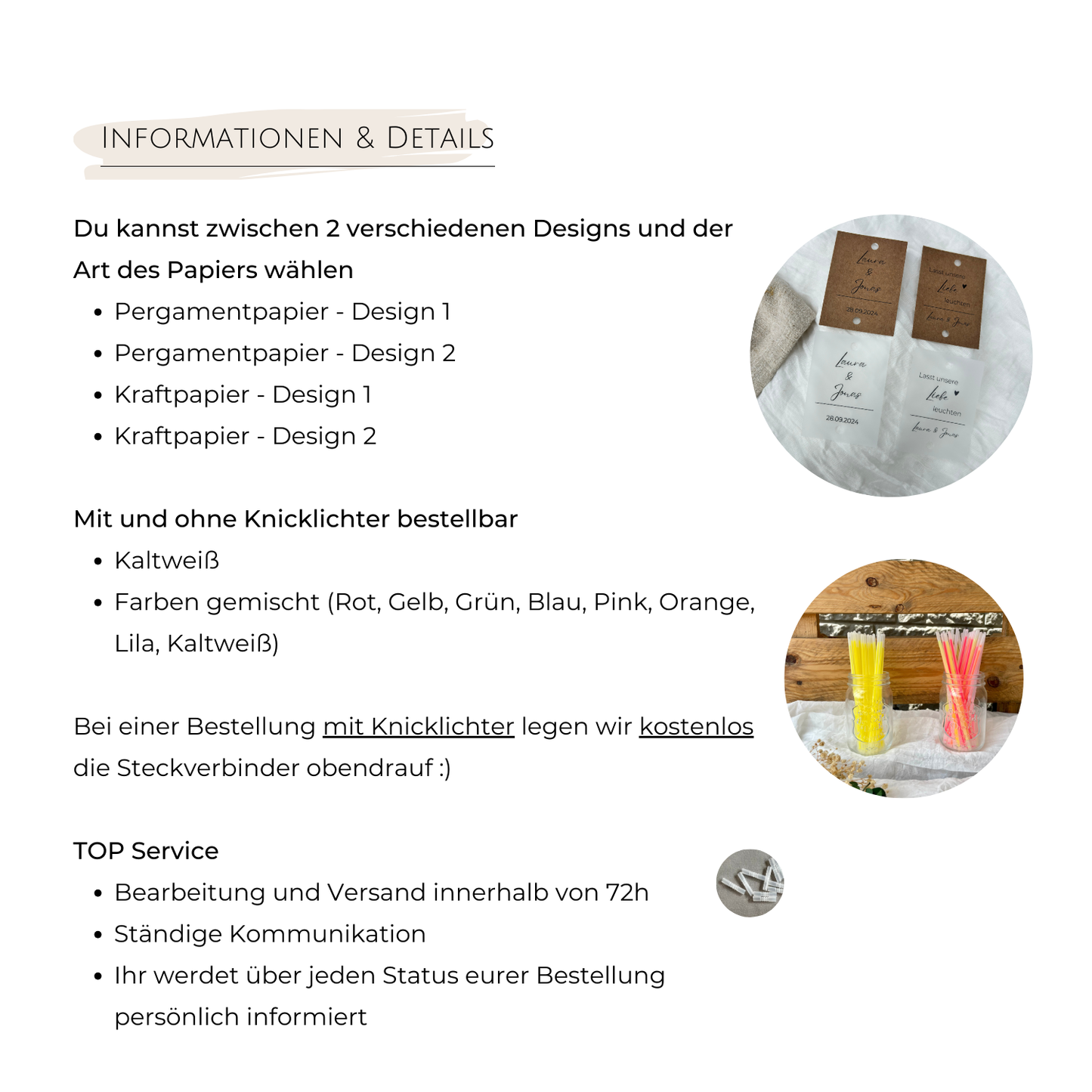 Informationen und Details zu den Designs, dem Papier und Knicklichtern, sowieso Service