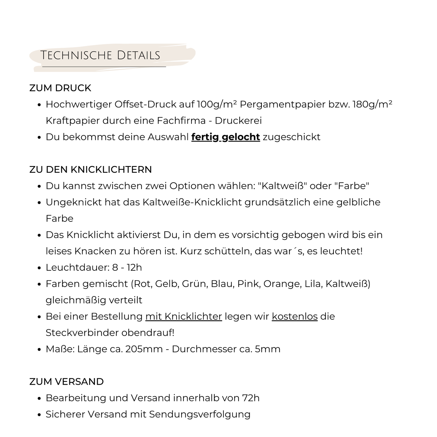 Technische Details zum Offset-Druck durch eine Druckerei und den Knicklichtern mit Angabe der Größe, Leuchtdauer, Farben, usw.