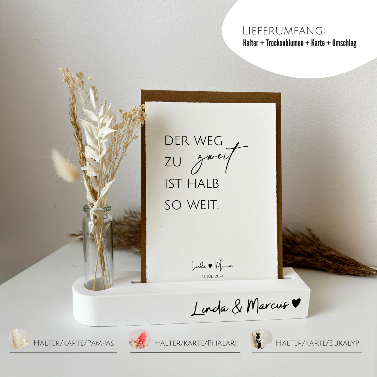 Lieferumfang der Bestellmöglichkeit: Halter + Trockenblumen + Karte + Umschlag. Die Auswahl der Trockenblumen ist Pampasgras, Eukalyptus oder Phalaris