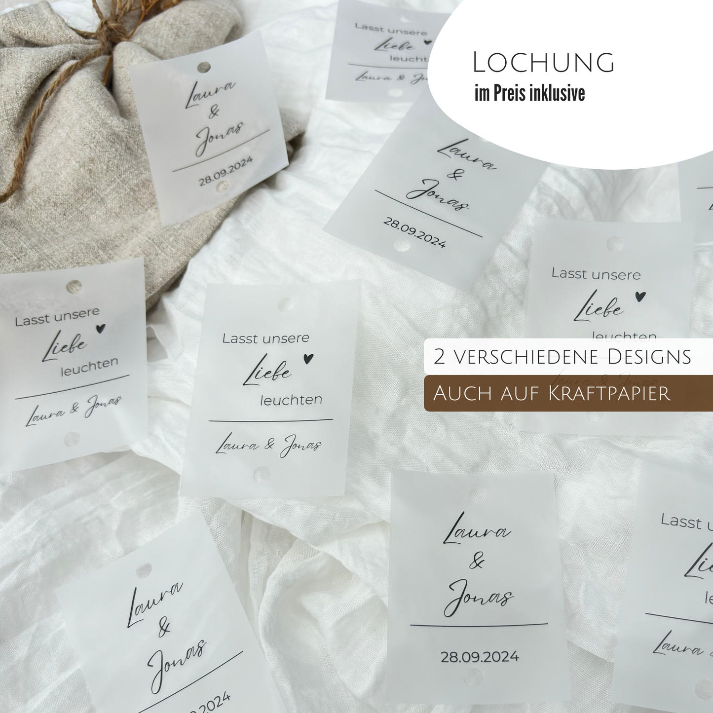 Hochzeitsschilder personalisiert mit dem Spruch: Lasst unsere Liebe leuchten oder personalisiert mit Namen und Datum