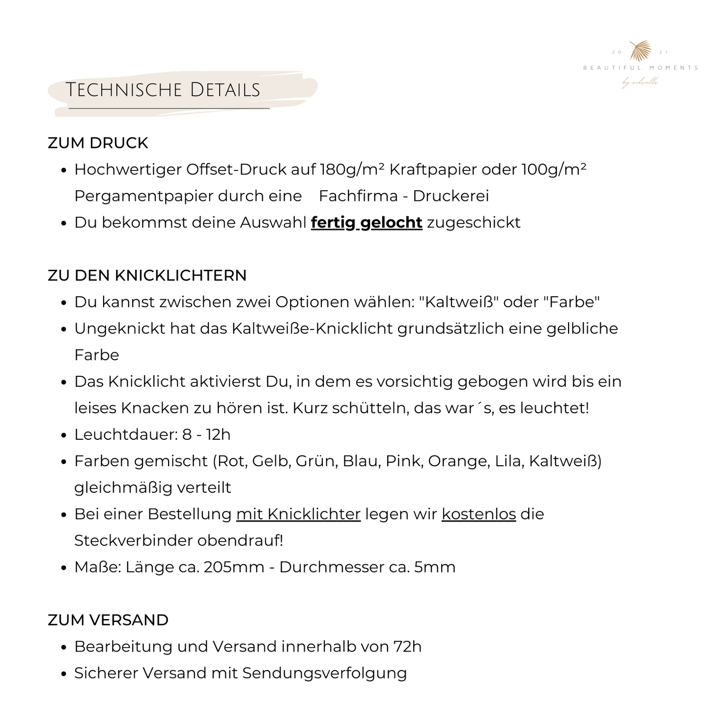Technische Details zum Druck und zu den Knicklichtern, z.B. Farbe, Leuchtdauer, Größe, usw.