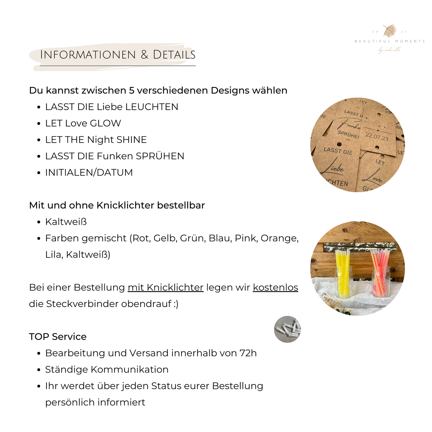 Informationen und Details zu den Designs, Knicklichter und Service