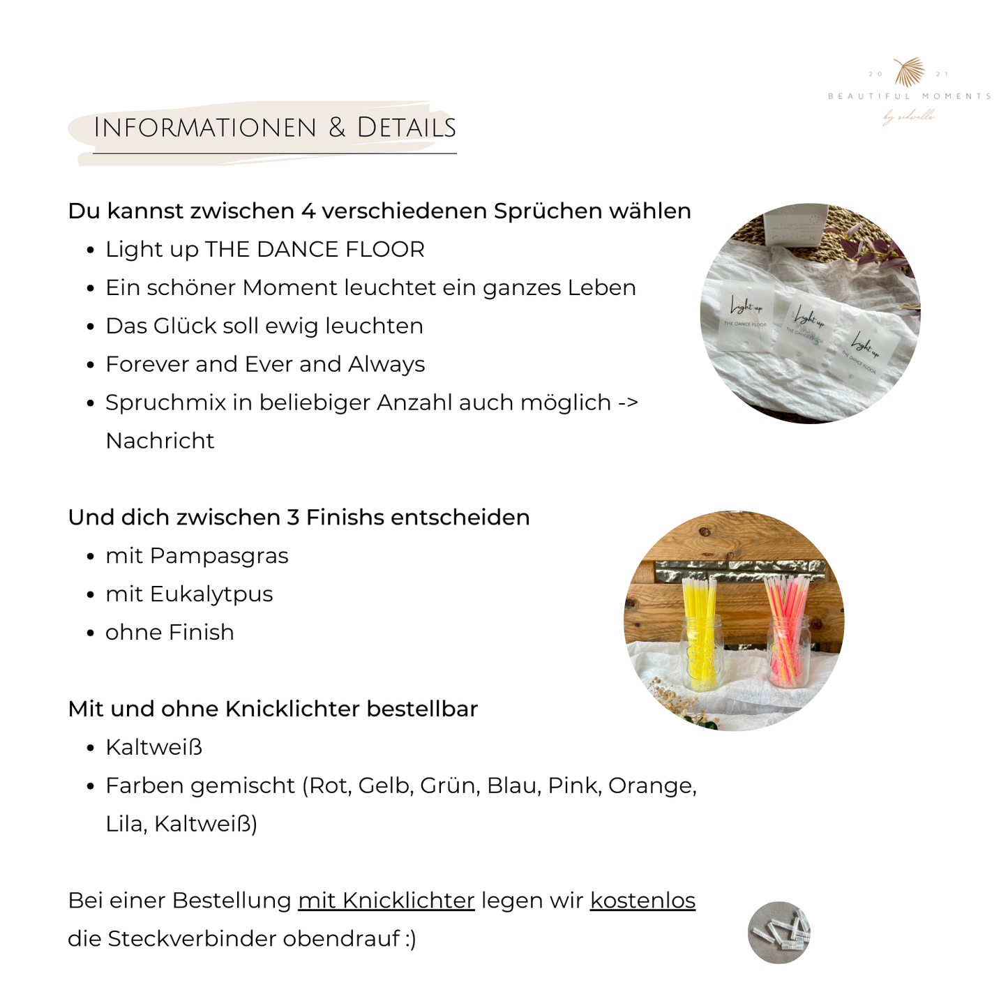 Informationen und Details zu den Designs, Knicklichtern und Service