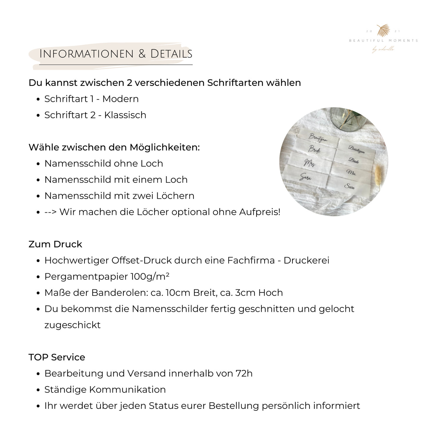 Informationen und Details zu den verschiedenen Möglichkeiten auf einer Seite zusammengefasst. Außerdem Hinweis zum Druck und den Größen.