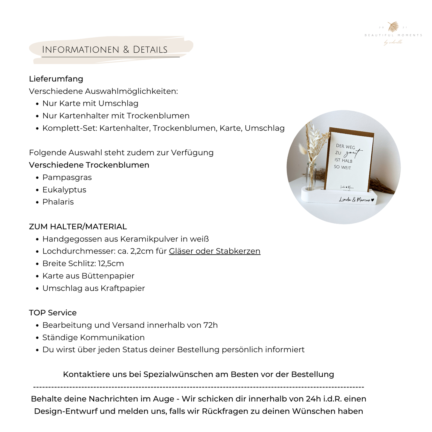 Alle Informationen und Details zum Druck, zu den Designs und zum Service auf einer Seite als Text.