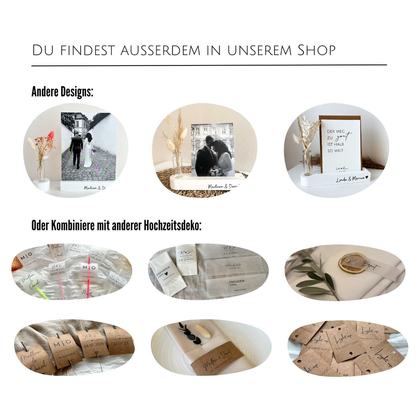 Andere Designs, z.B. mit Kartenhalter und Trockenblumen, sowie allgemein der Hinweis der anderen Deko, die in unserem Shop erworben werden kann: Schilder, Banderolen, Knicklichter, usw.