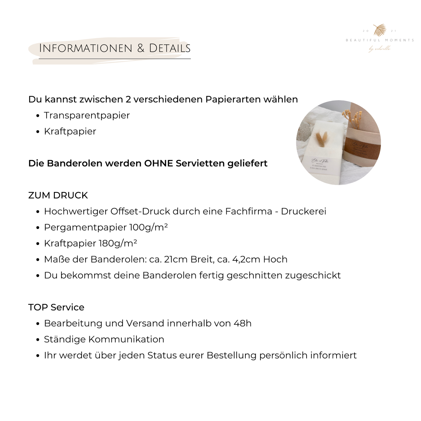 Detaillierte Informationen zu Hochzeitsbanderolen. Wähle zwischen Transparent- und Kraftpapier. Perfekt für personalisierte Hochzeitsservietten. Hochwertiger Druck für unvergessliche Veranstaltungen.