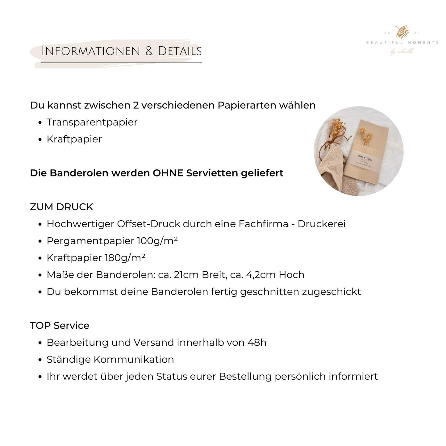 Detaillierte Informationen zu Banderolen aus Kraft- und Transparentpapier, perfekte Hochzeitsdekoration. Hochwertiger Druck und schnelle Lieferung für individuelle Designprojekte.