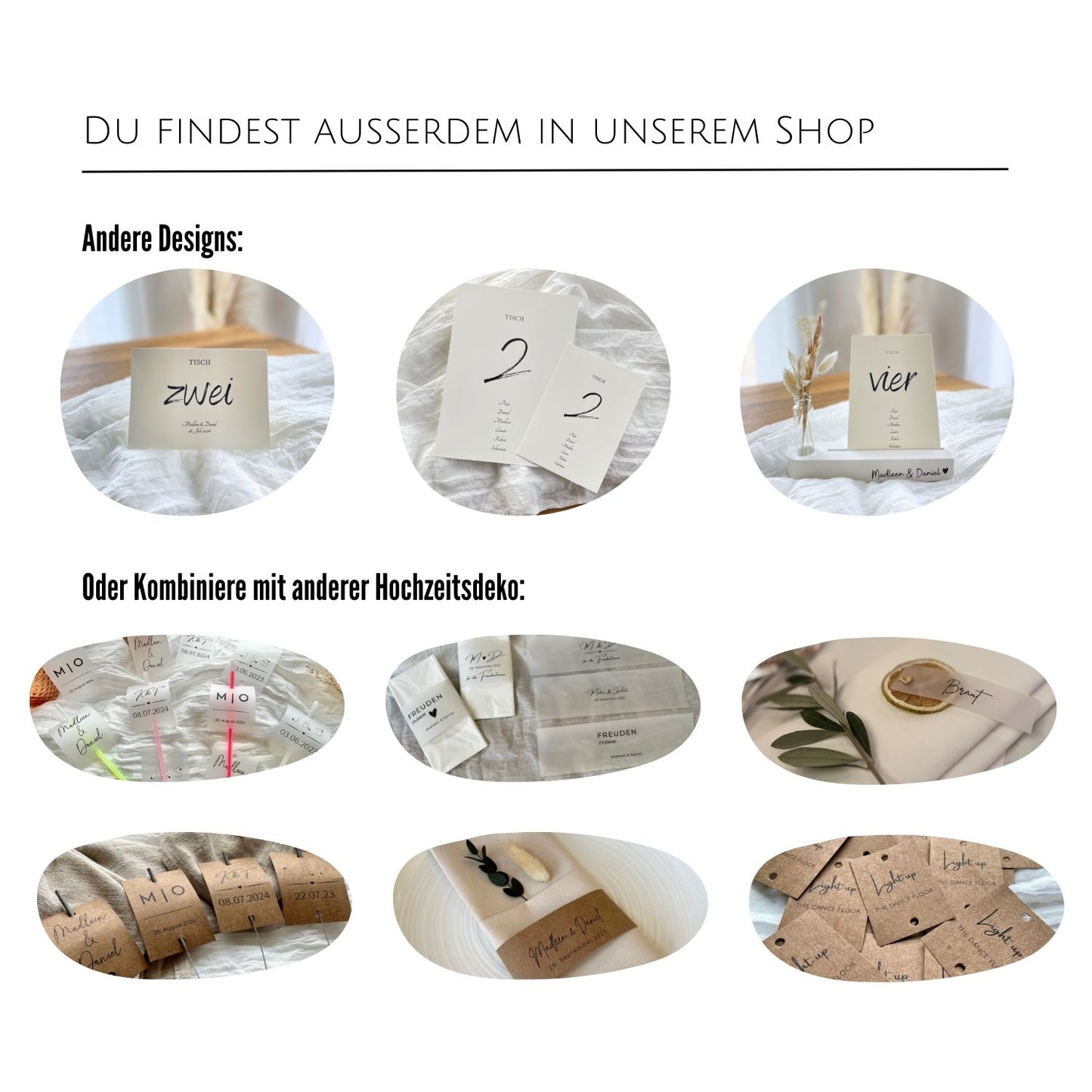 Artikel, die du in unserem Shop finden kannst, wie z.B. Banderolen, Schilder mit Knicklichter, Namenskarten, uvm.