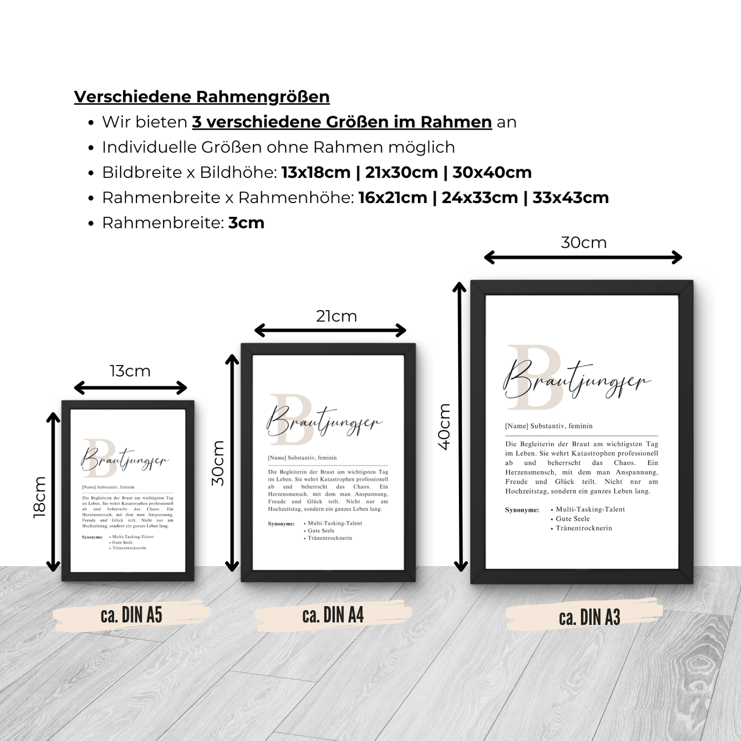 Größenoptionen: DIN A5, A4, A3 für Brautjungfer-Poster. Ideale Ergänzung zur weiblichen Hochzeitsdeko. Starke Bindung zwischen Braut und Begleiterinnen in stilvoller Präsentation.