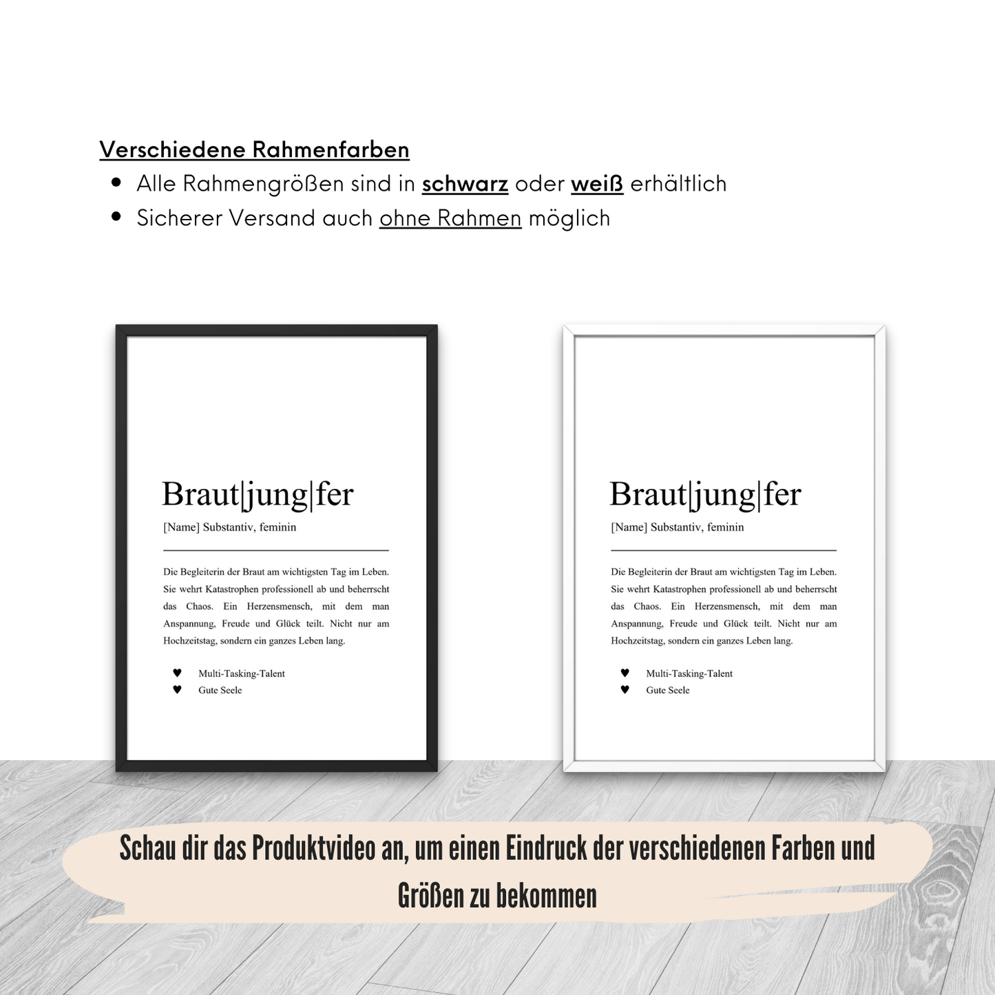 Poster in weißem oder schwarzen Rahmen für Brautjungfer