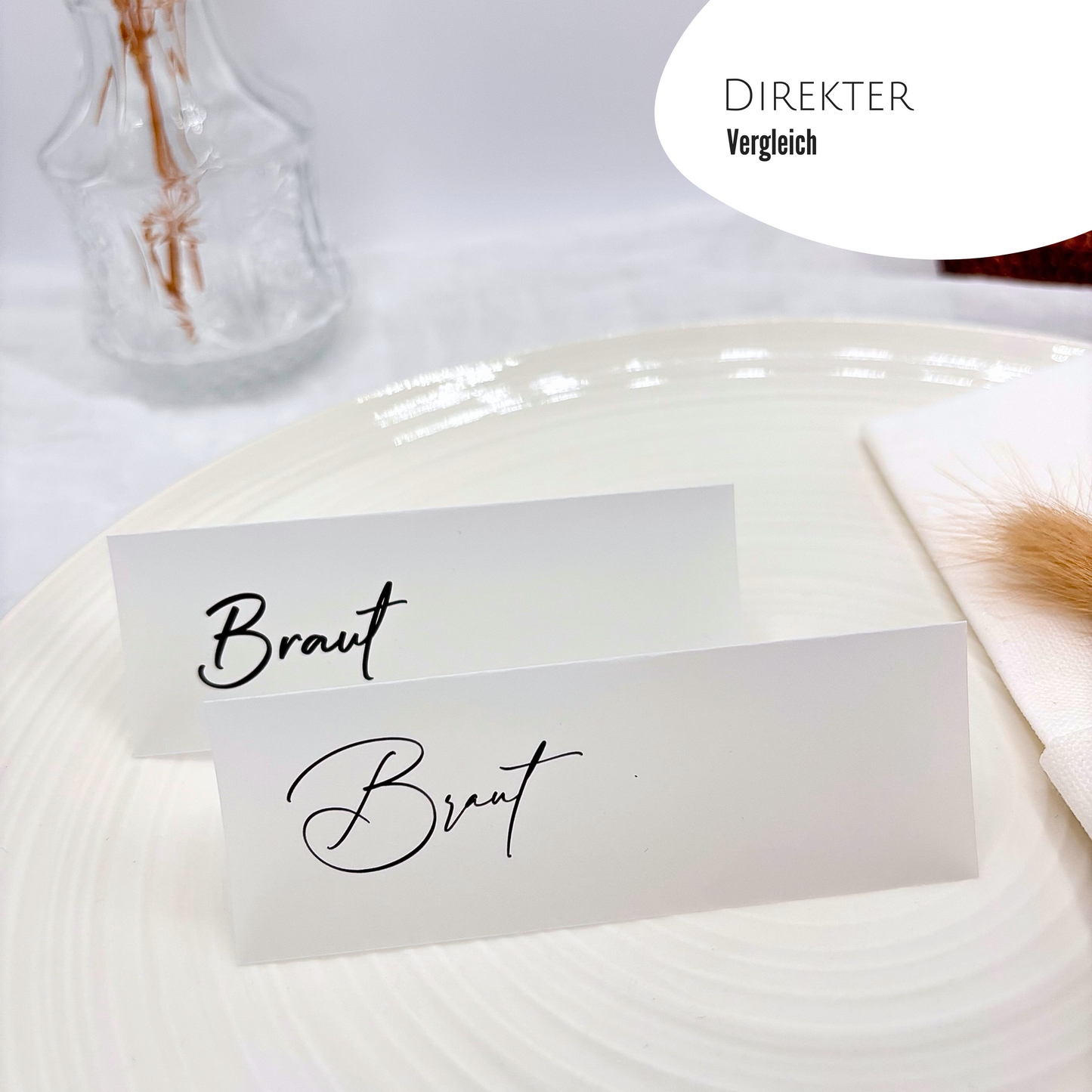 Vergleich von transparenten Namenskarten für Braut. Elegante Tischkarten für eine stilvolle Hochzeit Tischordnung.
