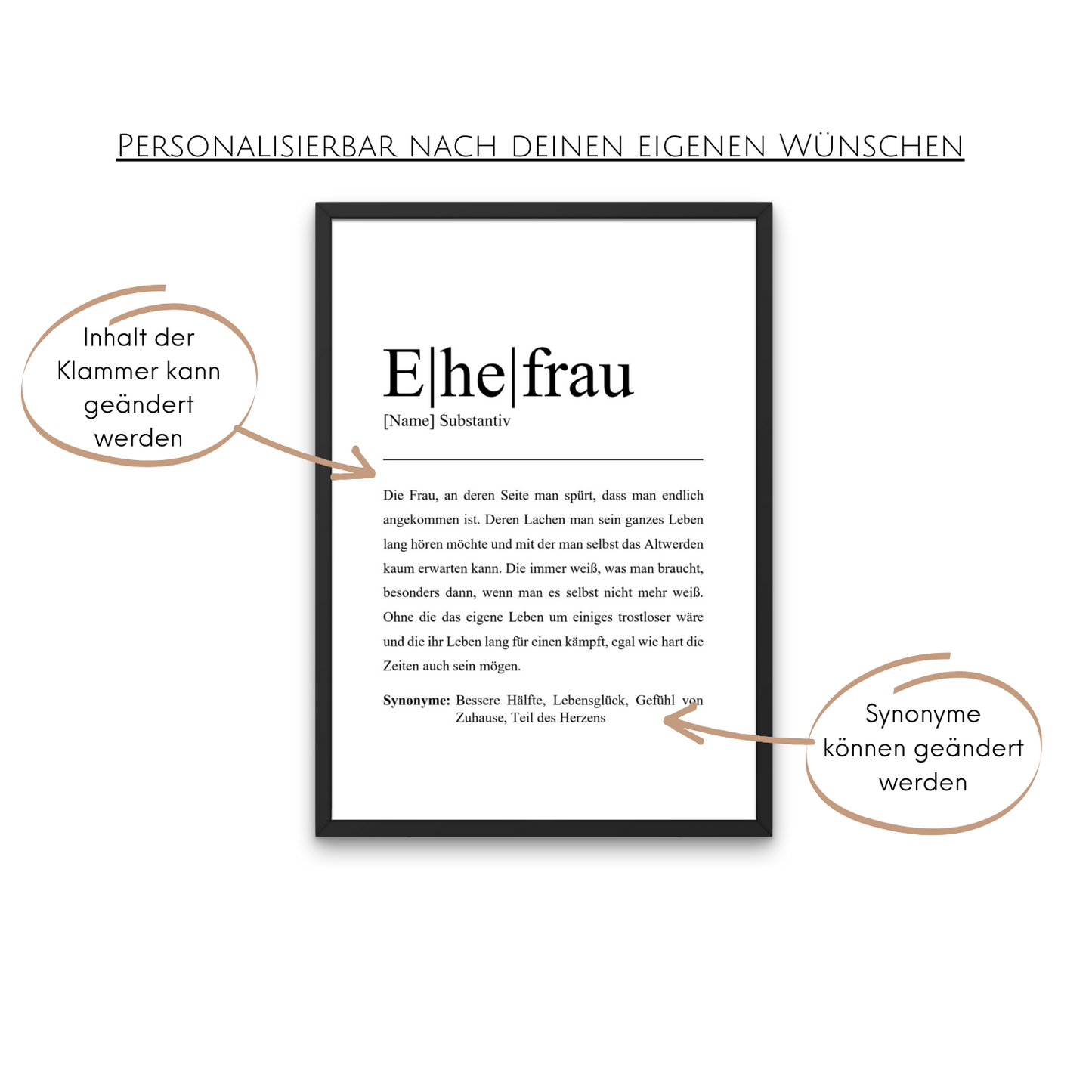 Anpassbares Poster mit Ehefrau Definition. Personalisierungsoptionen bei Klammerinhalt und Synonymen. Elegant in schlichtem schwarzen Rahmen, ideal als bedeutungsvolles Geschenk für besondere Anlässe.