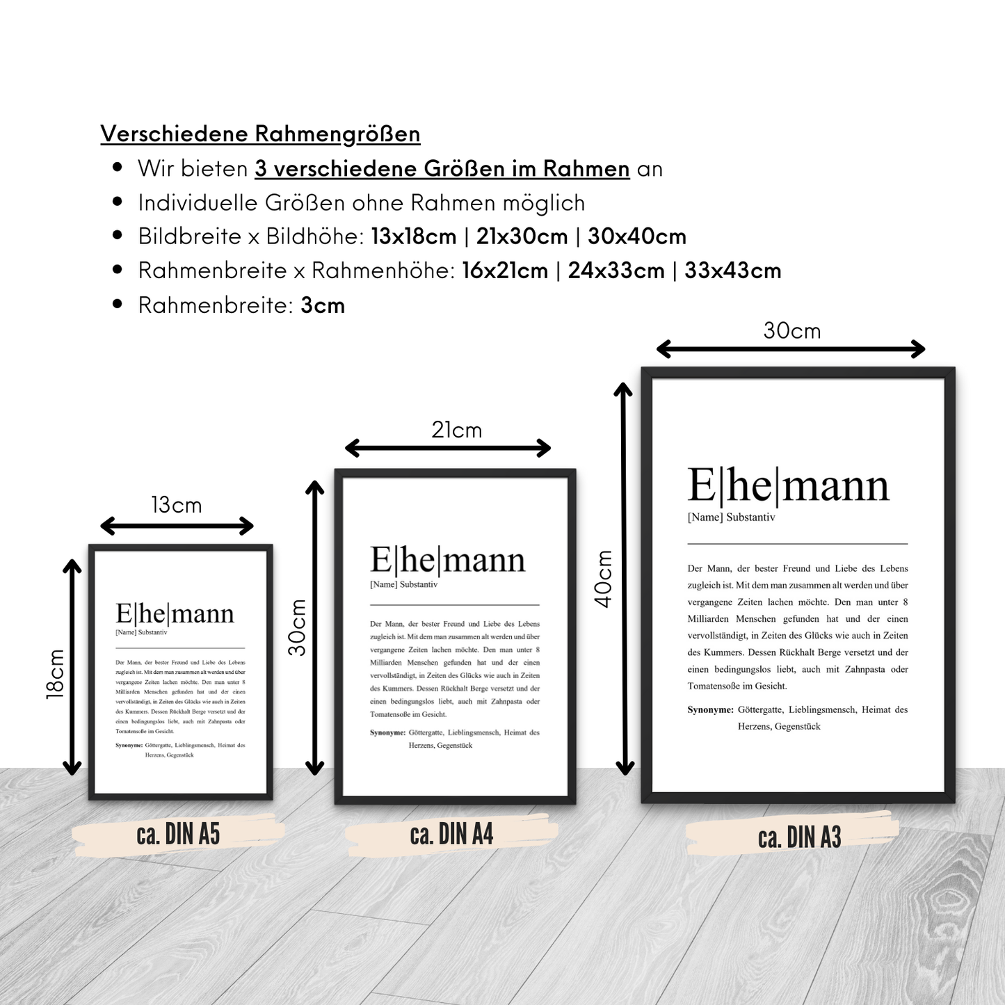 Übersichtliche Darstellung der Ehemann Poster in verschiedenen Rahmengrößen. Erhältlich in DIN A5, A4, A3. Anpassbare Größen auch ohne Rahmen. Hervorragend für individuelle Gestaltung und moderne Einrichtung.