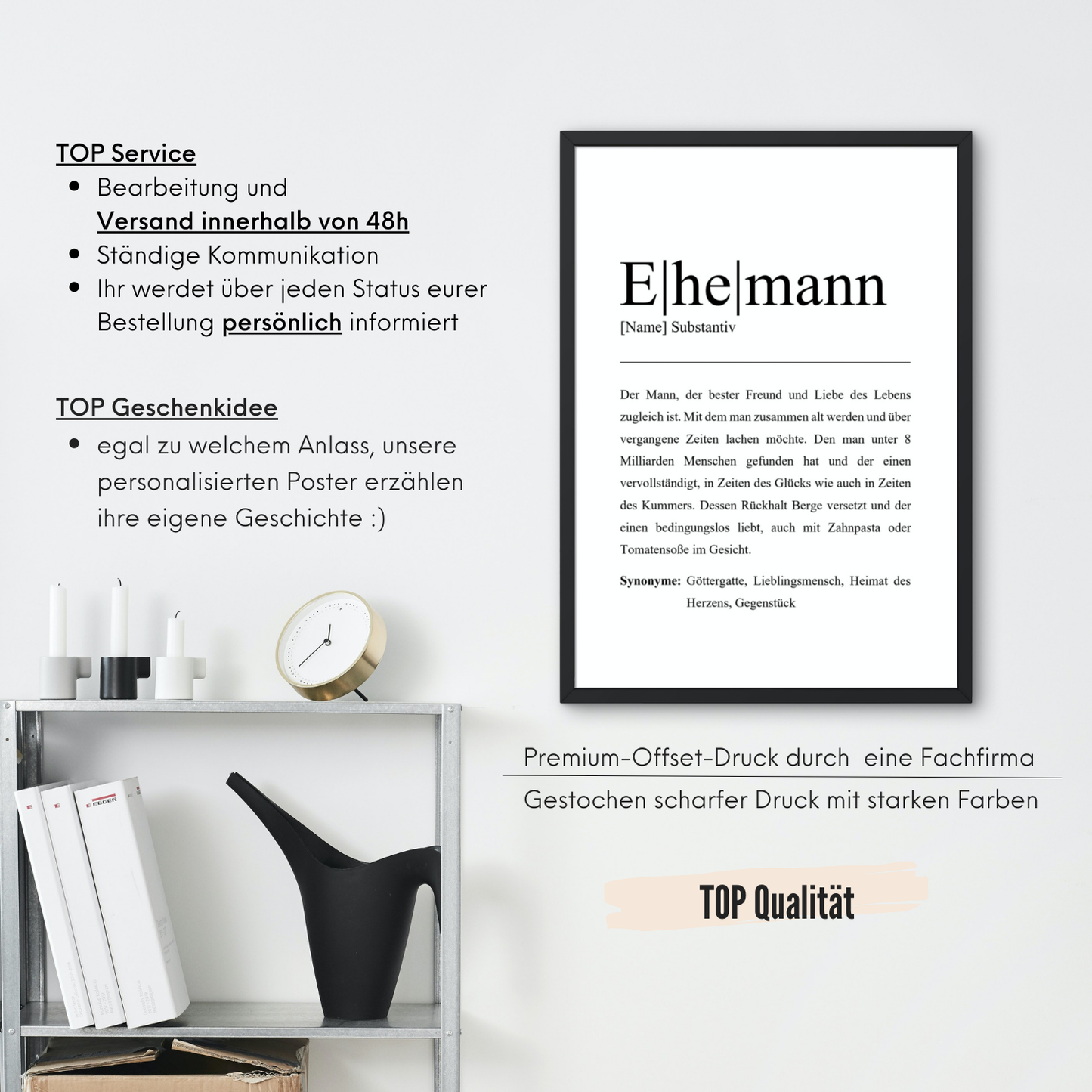 Hochwertiges Ehemann Poster mit Premium-Offset-Druck. Schnelle Lieferzeit innerhalb 48h. Perfekte Geschenkidee für jeden Anlass. Elegante Präsentation mit schwarzen Kerzen und minimalistischem Dekor.