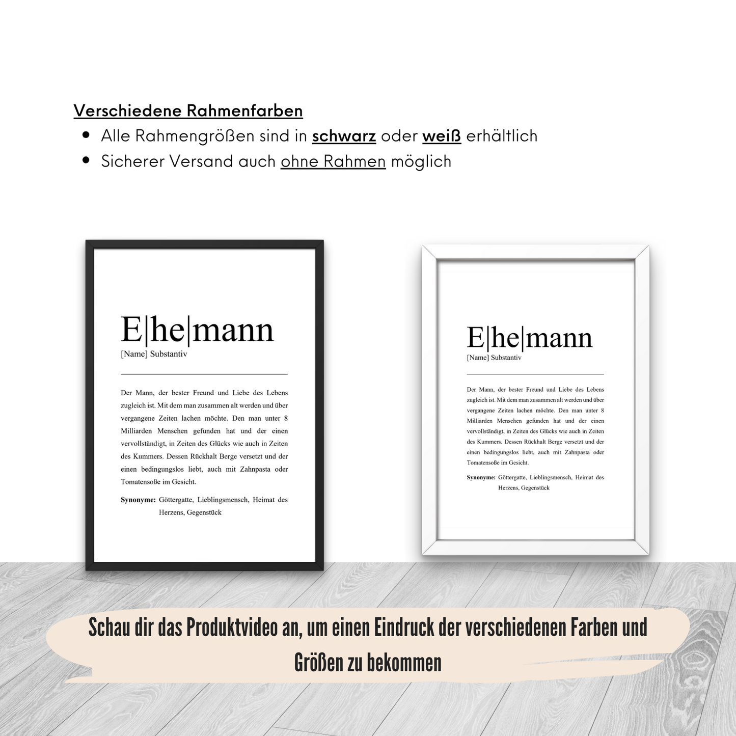 Personalisiertes Ehemann Poster in verschiedenen Rahmenfarben. Erhältlich in Schwarz und Weiß, auch ohne Rahmen. Vielseitige Dekoroption ideal zur Geschenkgestaltung. Funktionales Design in elegantem Rahmen.