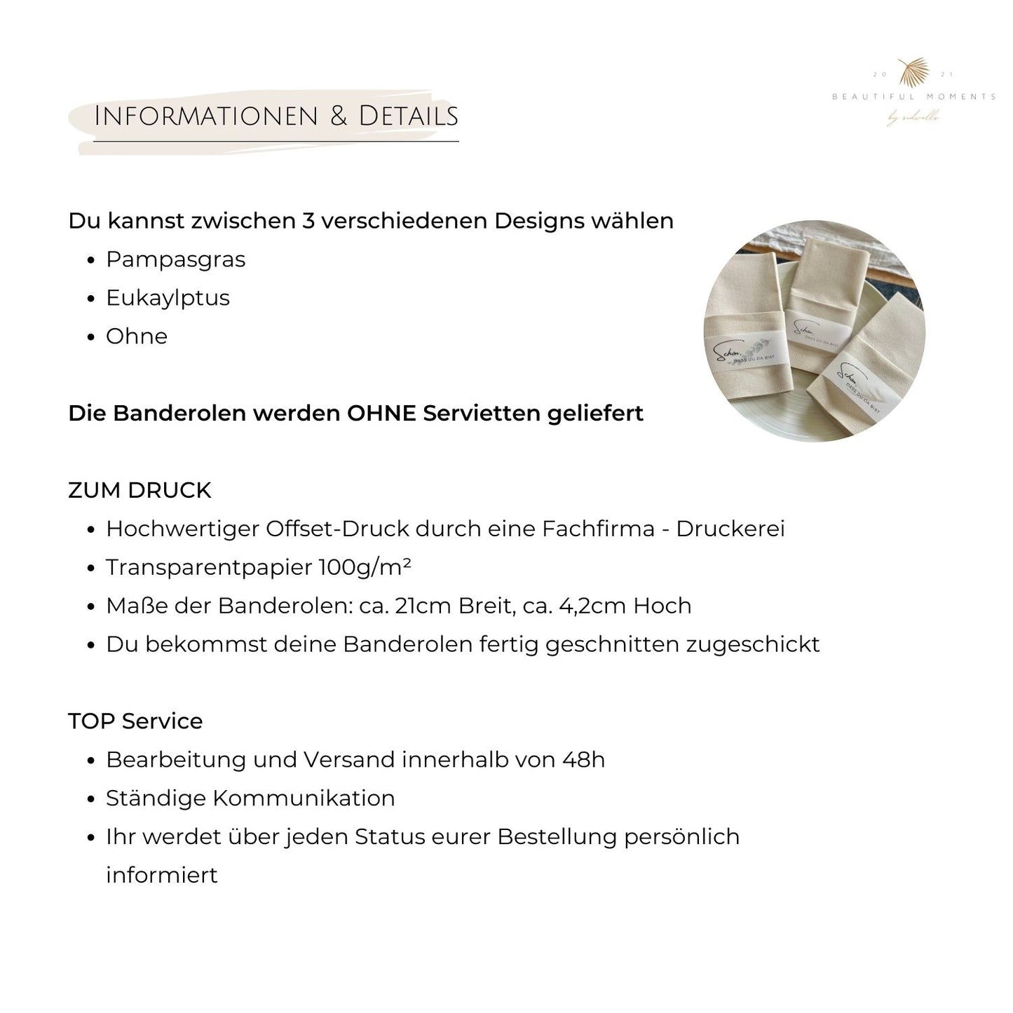 Informationen zu den verschiedenen Designs, zum Druck auf Pergamentpapier oder auch Kraftpapier, Maße und Service
