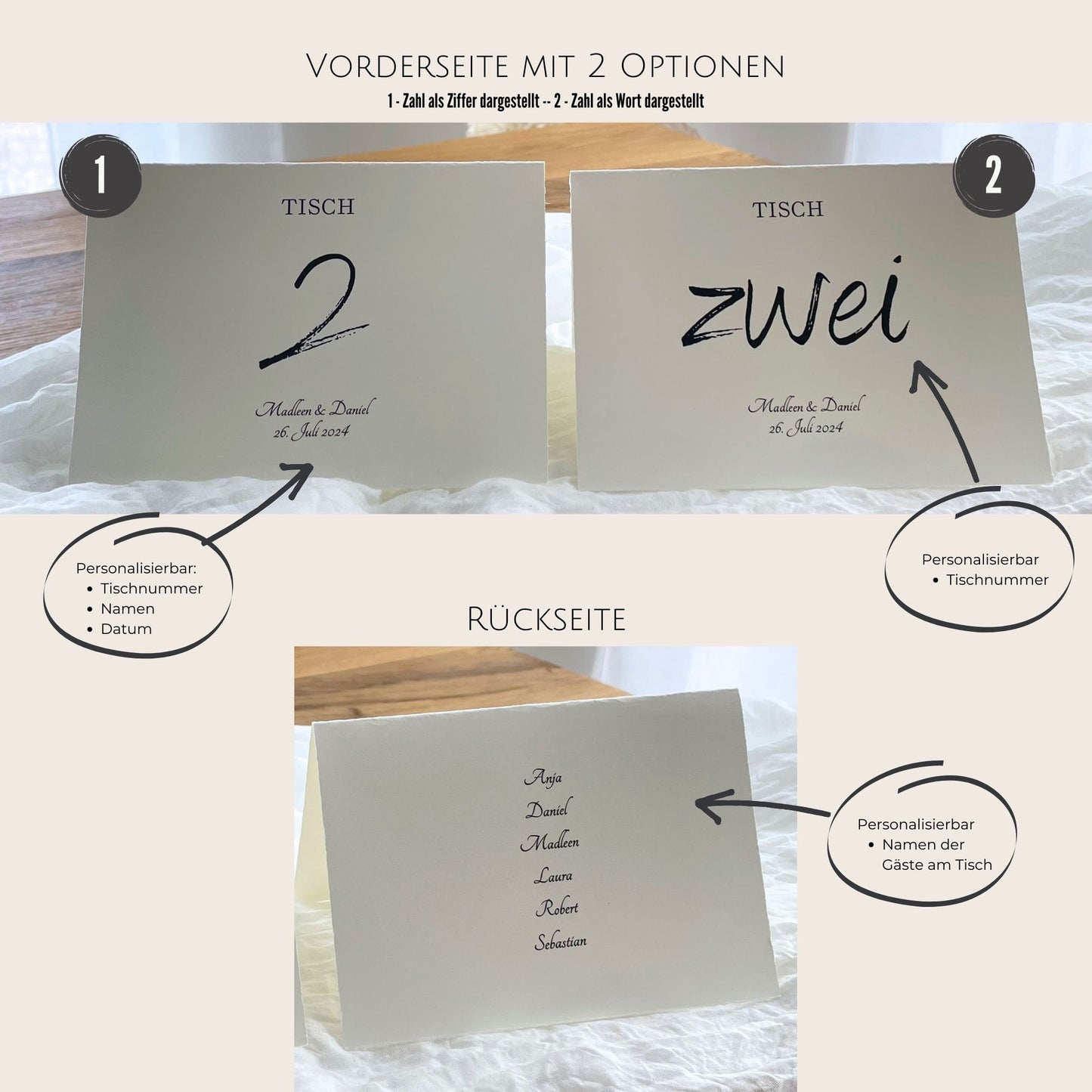 Handgemachte Tischnummern aus Büttenpapier für besondere Momente