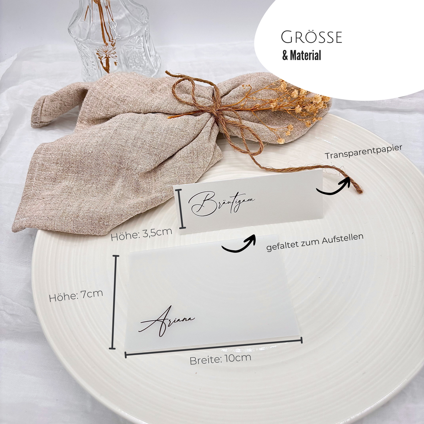 Transparente Tischkarten für Hochzeit. Größenangaben und Materialinfo für perfekt gefaltete Namenskarten zur Tischordnung.