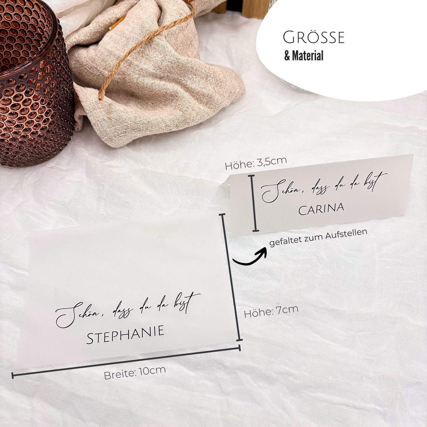 Transparentpapier Tischkarten mit Größenangaben. Ideal für Hochzeiten. Namenskarten für stilvolle Tischordnung.