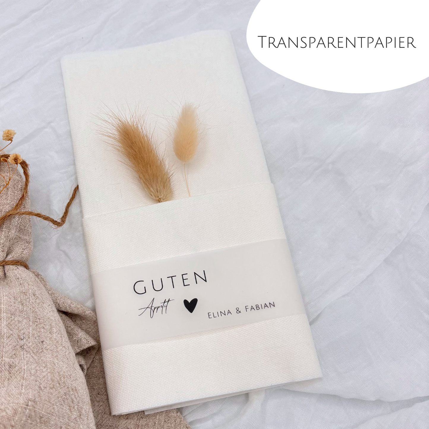 Transparente luxuriöse Serviette, ideal für Hochzeit. „Guten Appetit“ Statement mit Namen Elina und Fabian im Fokus. Perfekte Kombination aus klassischem Design und personalisiertem Touch. Ideal für feierliche Anlässe.