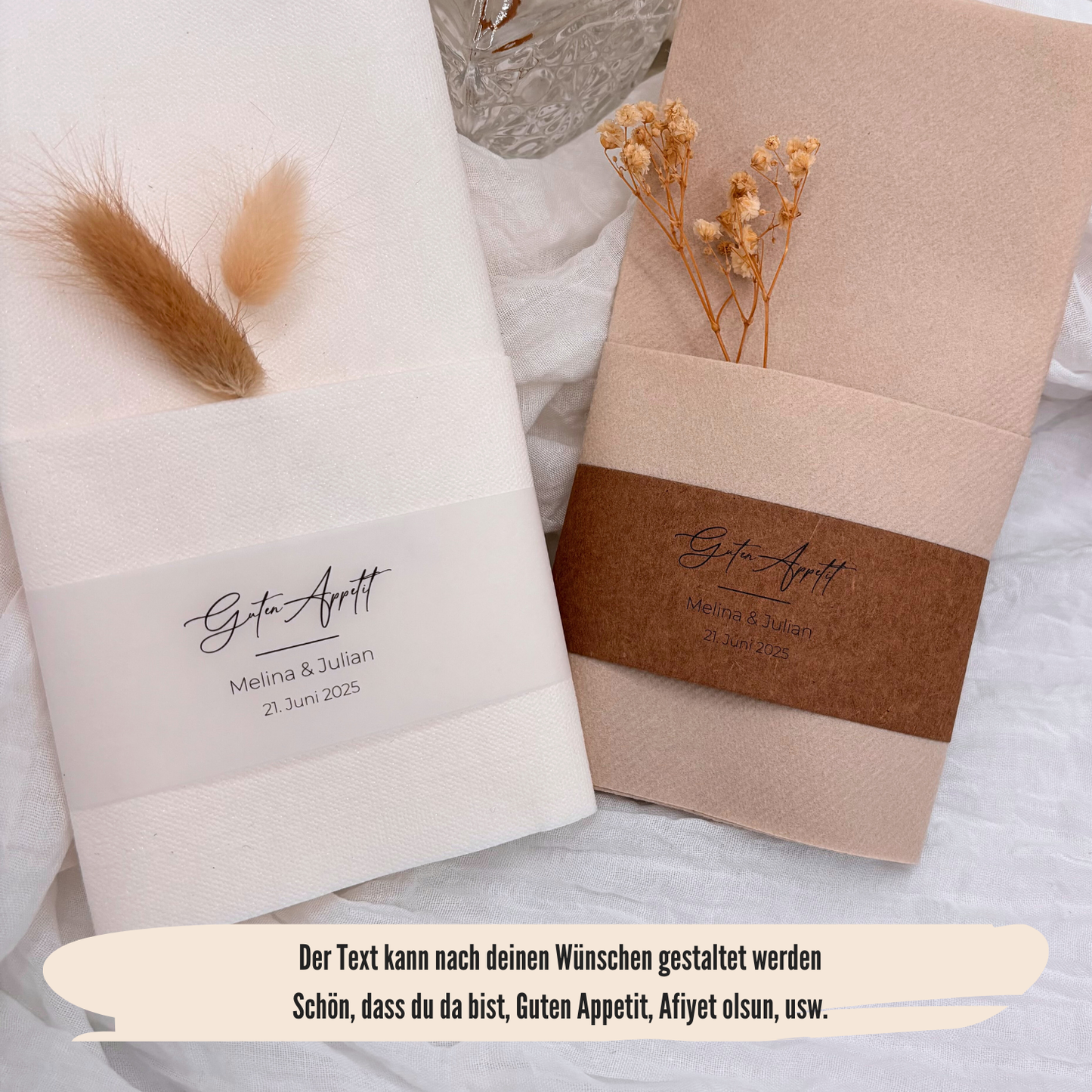 Elegantes Servietten Set für Hochzeiten, bestehend aus Kraftpapier und Transparentpapier, personalisiert mit Namen und Datum. Perfekt für stilvolle Hochzeitsdeko.