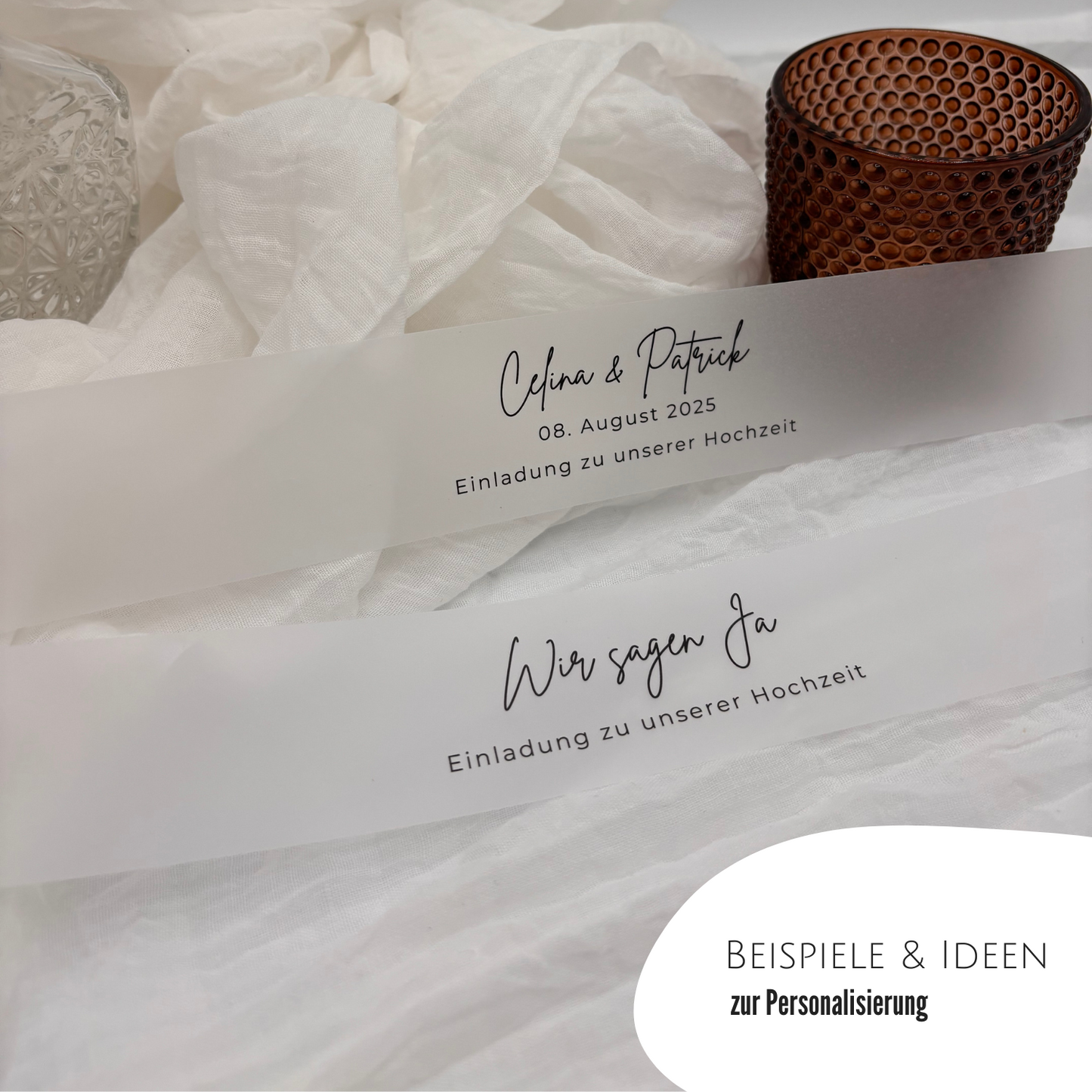 Banderolen aus Transparentpapier mit Hochzeitstextbeispielen. Perfekte Ergänzung für Einladungskarten, Dankeskarten.
