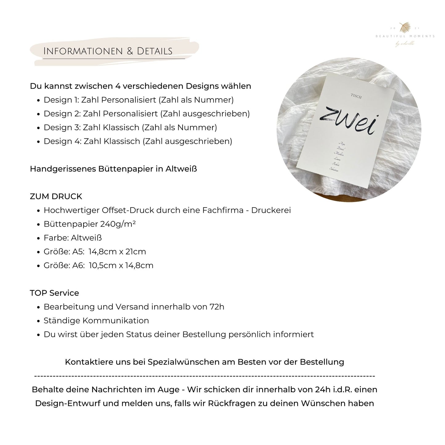 Informationen zu den verschiedenen Designs, zum Druck auf Pergamentpapier oder auch Kraftpapier, Maße und Service