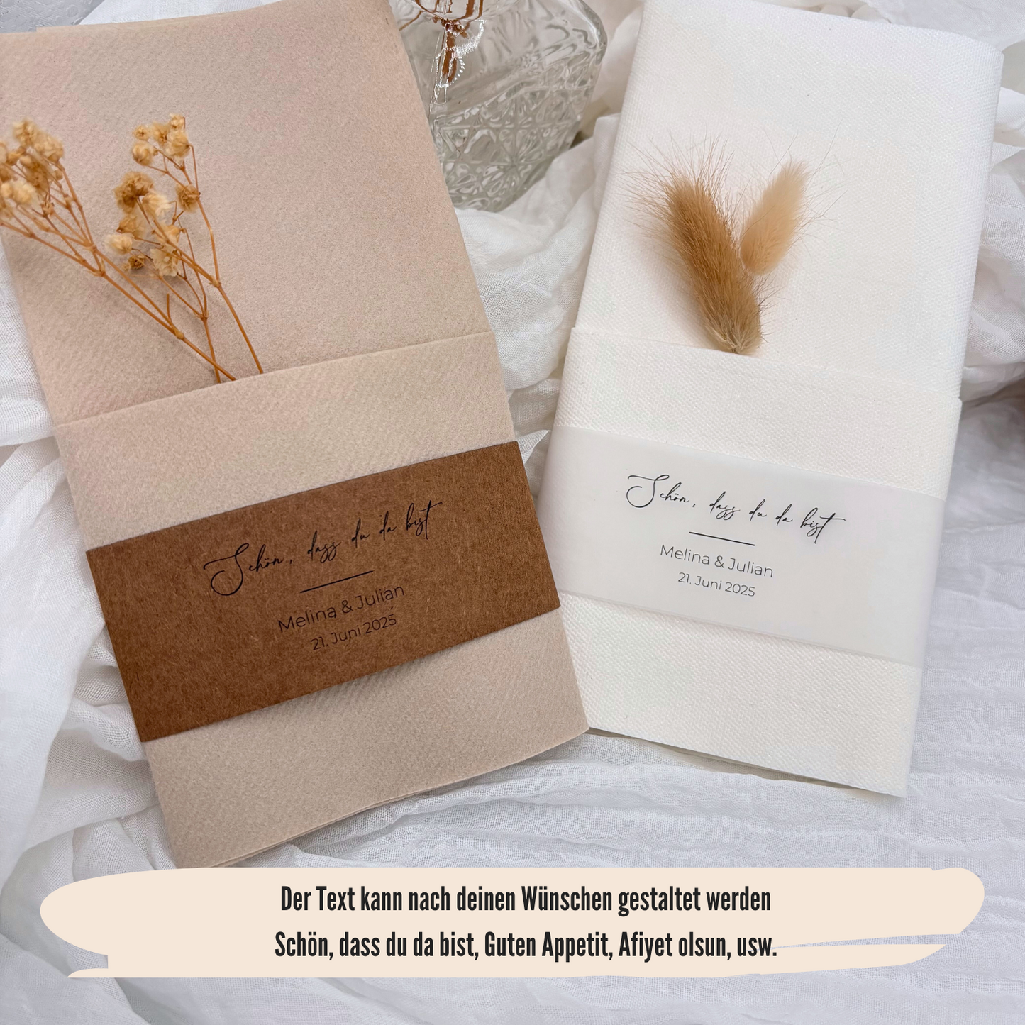 Duo von personalisierten Hochzeit Servietten, ideal für besonderen Tischschmuck. Set aus Kraftpapier und Transparentpapier für einzigartige Hochzeitsgeschenke.