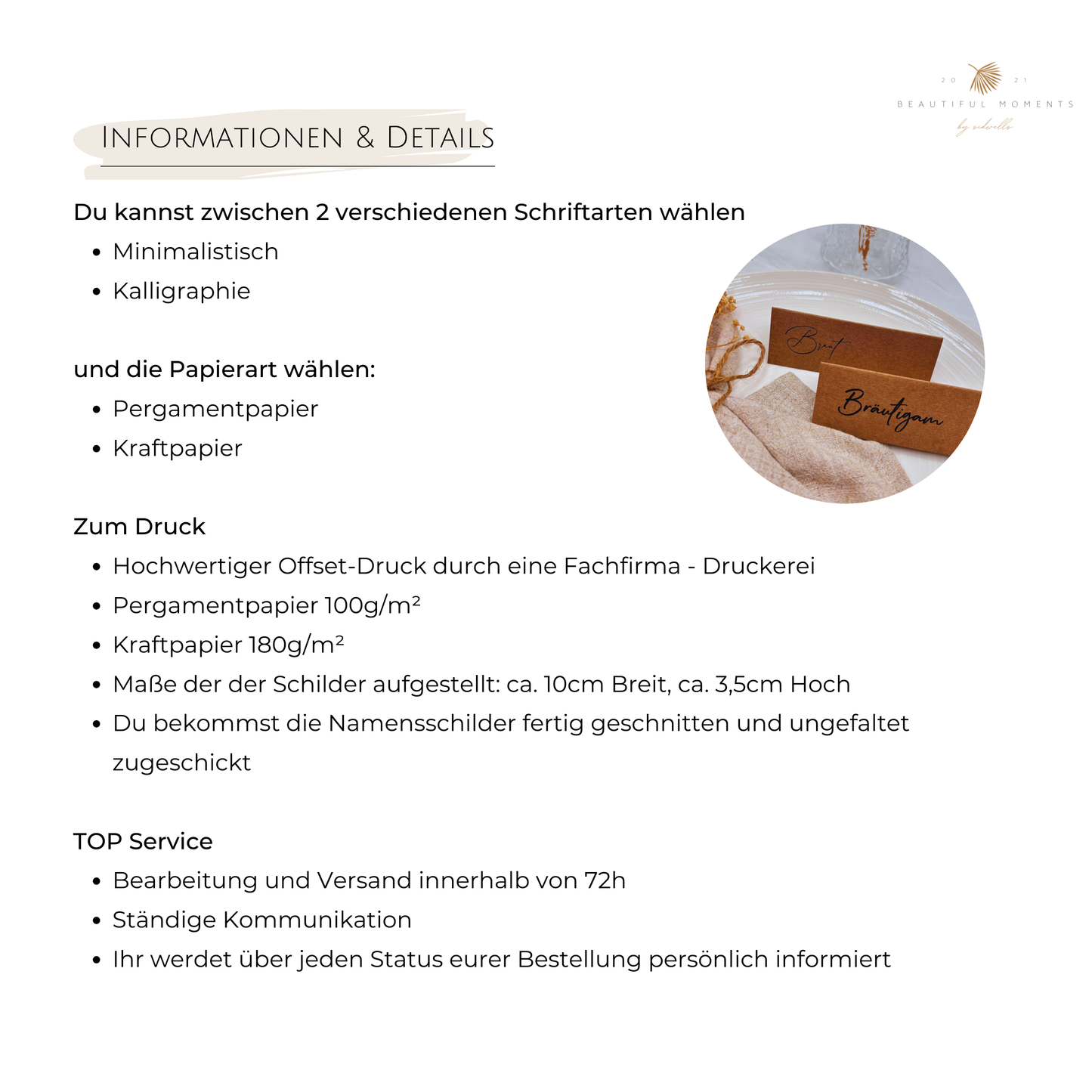 Informationen zu Namensschildern, Tischkarten-Druckdetails und Service für Hochzeit mit Papierauswahl.