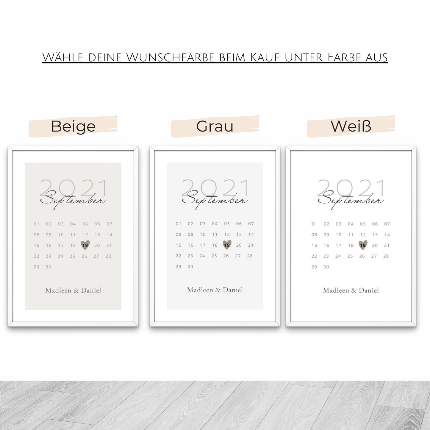 Personalisierter Kalender in drei Farboptionen: beige, grau und weiß. Ideal zur Anpassung an verschiedene Einrichtungsstile. Perfekte Geschenkidee für Jubiläen und besondere Anlässe.