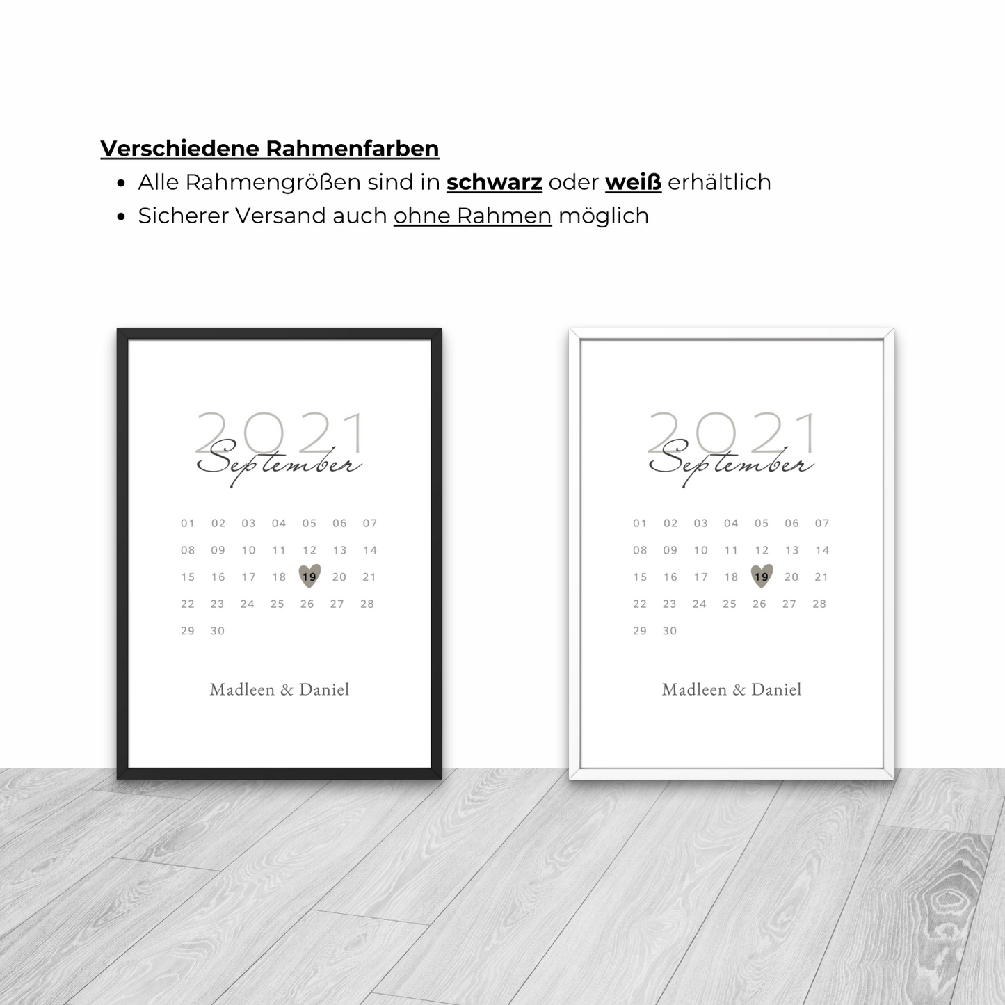 Kalender-Poster in vielseitigen Rahmenfarben: schwarz und weiß. Flexible Gestaltungsmöglichkeiten für individuelle Dekorationsstile. Sicherer Versand auch ohne Rahmen verfügbar. Perfekt für jeden Anlass.