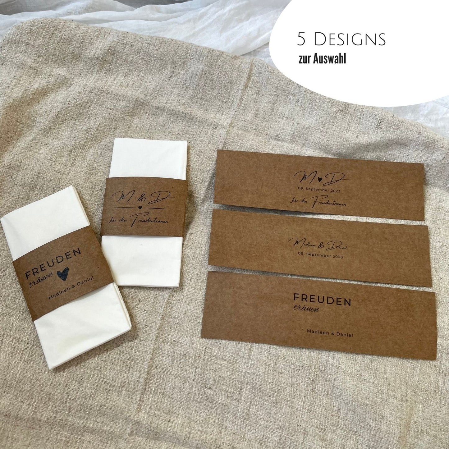 Personalisierte Kraftpapier Banderolen für Hochzeitstaschentücher