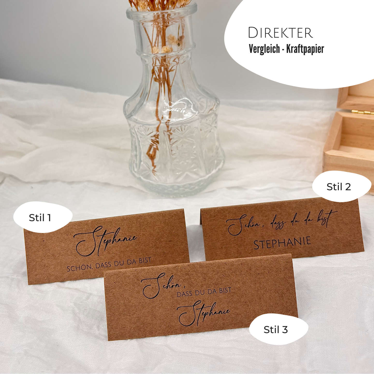 Kraftpapier Namenskarten im Vergleich. Finden Sie den idealen Stil für Ihre hochzeitliche Tischordnung und Gastplatzierung.