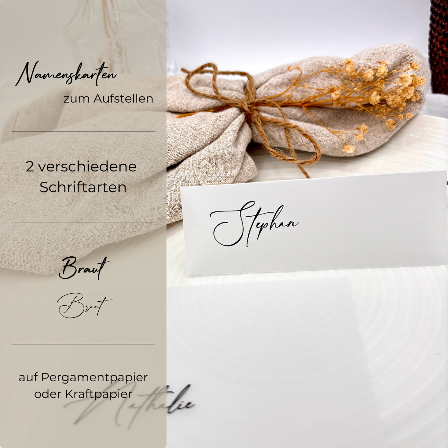 Personalisierte Transparentpapier Tischkarten mit Name. Hochzeit Namenskarten zur Tischordnung mit stilvoller Schrift.