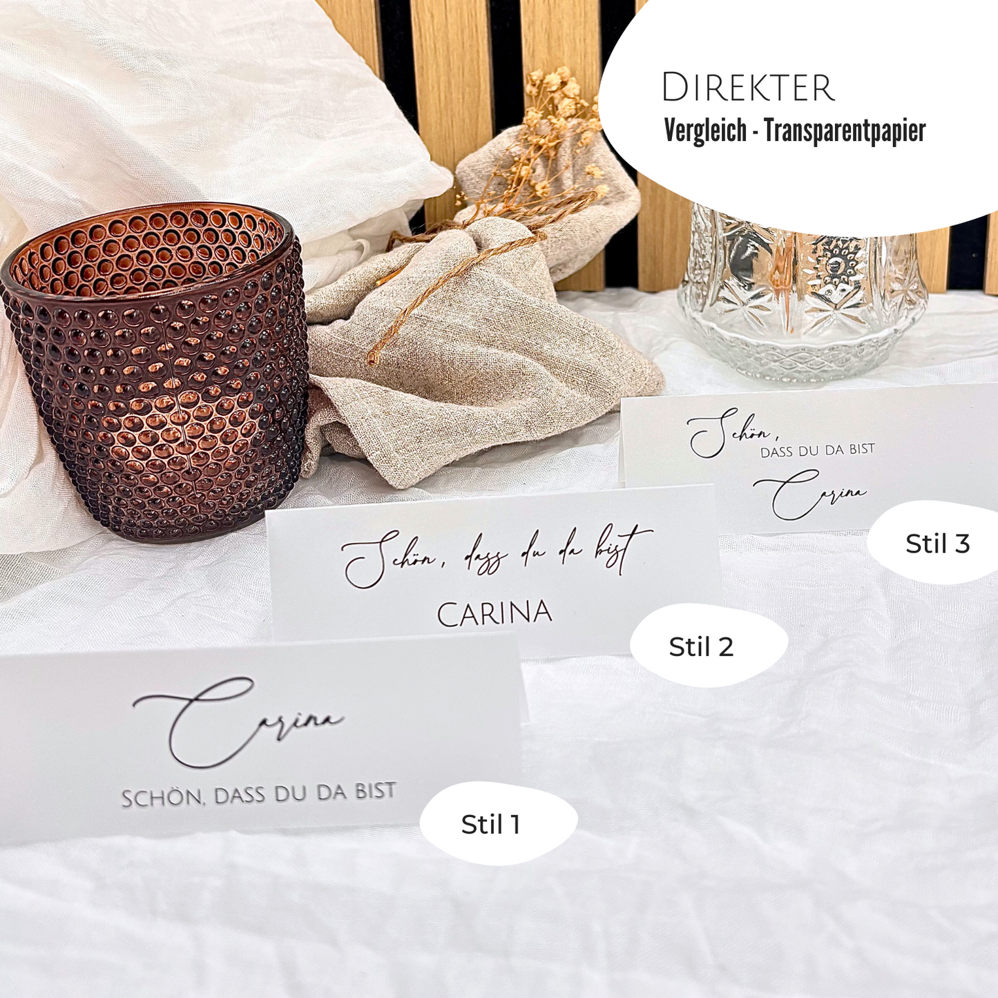 Personalisierte Namensschilder auf Transparentpapier. Ideal für eine einzigartige Hochzeit Tischordnung und stilvolle Atmosphäre.