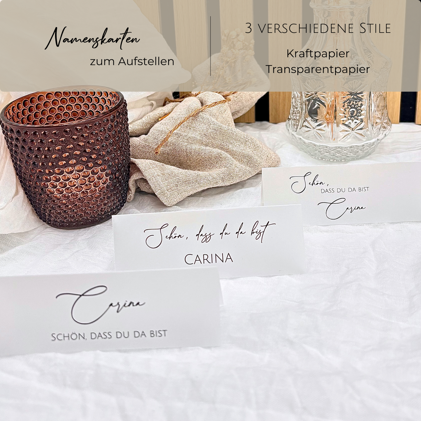 Namensschilder aus Transparentpapier für Hochzeit. Moderne Tischkarten für perfekte Tischordnung und Gast willkommen.