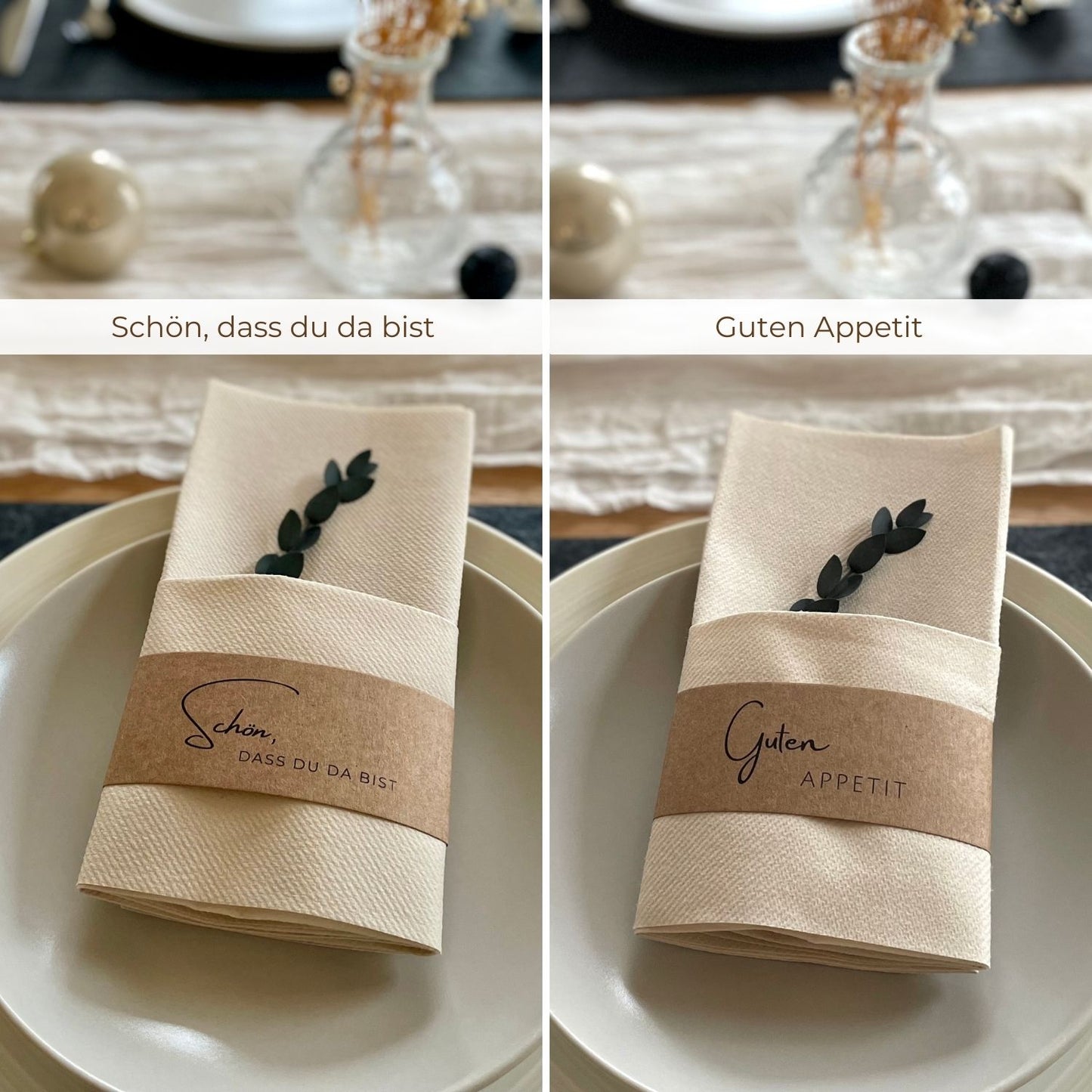Festliche Servietten mit Sprüchen „Schön, dass du da bist“ und „Guten Appetit“