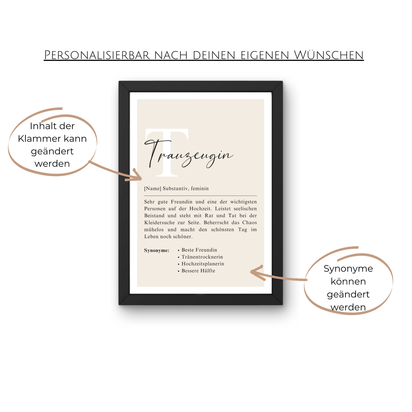 Personalisierbare Grafik für Trauzeugin im schwarzen Rahmen. Text und Synonyme können angepasst werden. Ein besonderes Geschenk für die beste Freundin zur Hochzeit. Stilvolles Design für individuelle Anpassung.