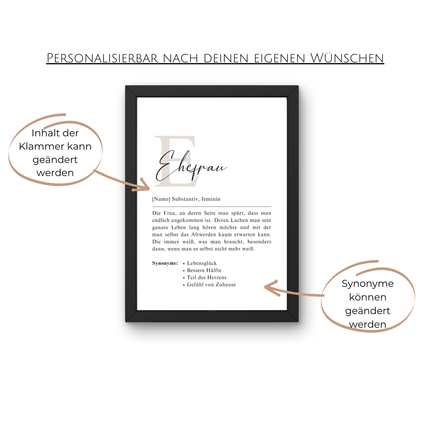 Schwarzes Poster mit personalisierter Ehefrau-Definition. Anpassbar für individuelle Wünsche. Ideal für Hochzeiten und persönliche Dekoration. Ausdruck von Geborgenheit und Zweisamkeit.