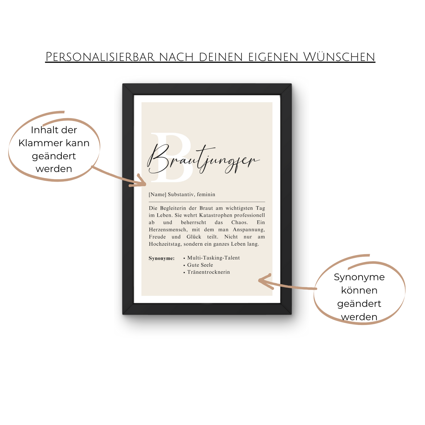 Schwarzes Typografie-Poster mit personalisierbarem Text für Brautjungfer. Perfekte Ergänzung für Brautdeko und Geschenkplanung. Ausdruck von einzigartiger Freundschaft.