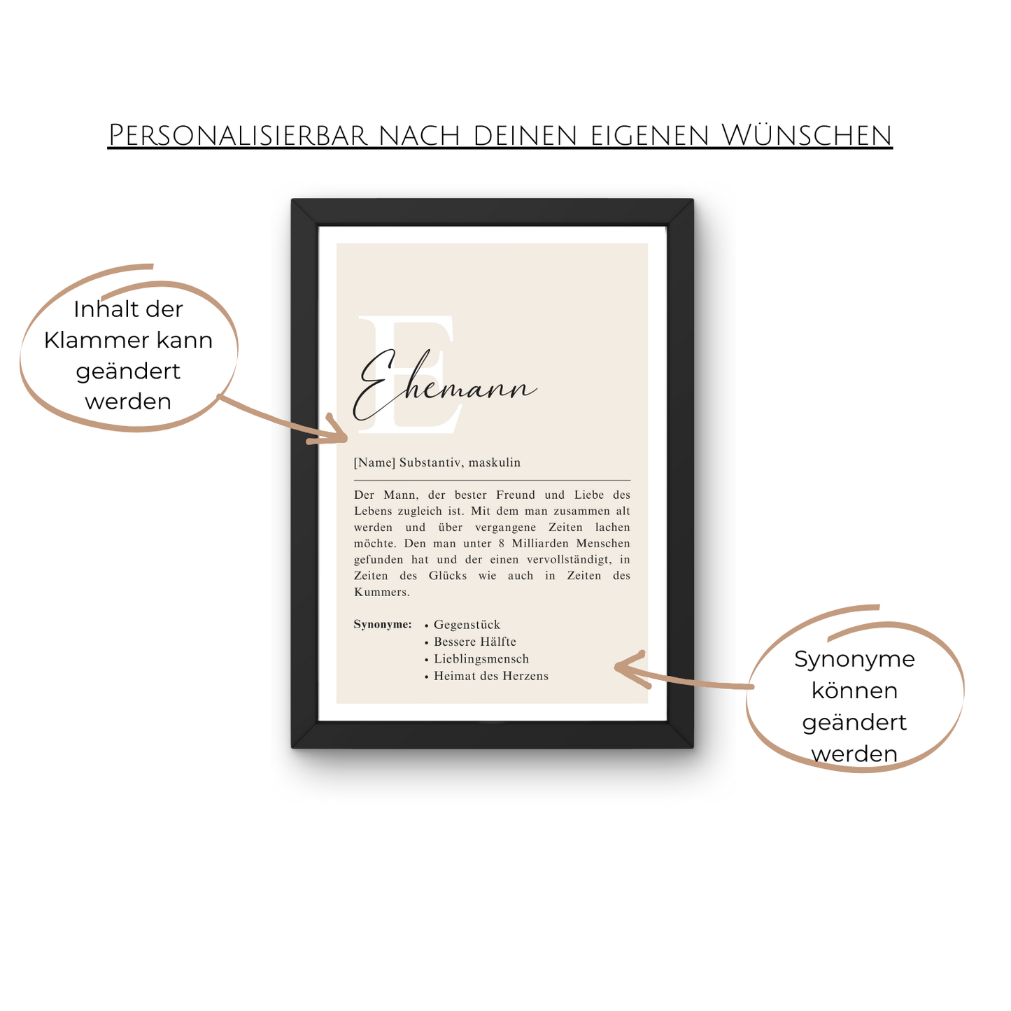 Personalisiertes Poster im schwarzen Rahmen mit Ehemann-Definition. Synonyme anpassbar. Einzigartiges Geschenk für besondere Anlässe. Stilvolle Dekoration und Ausdruck von Wertschätzung.