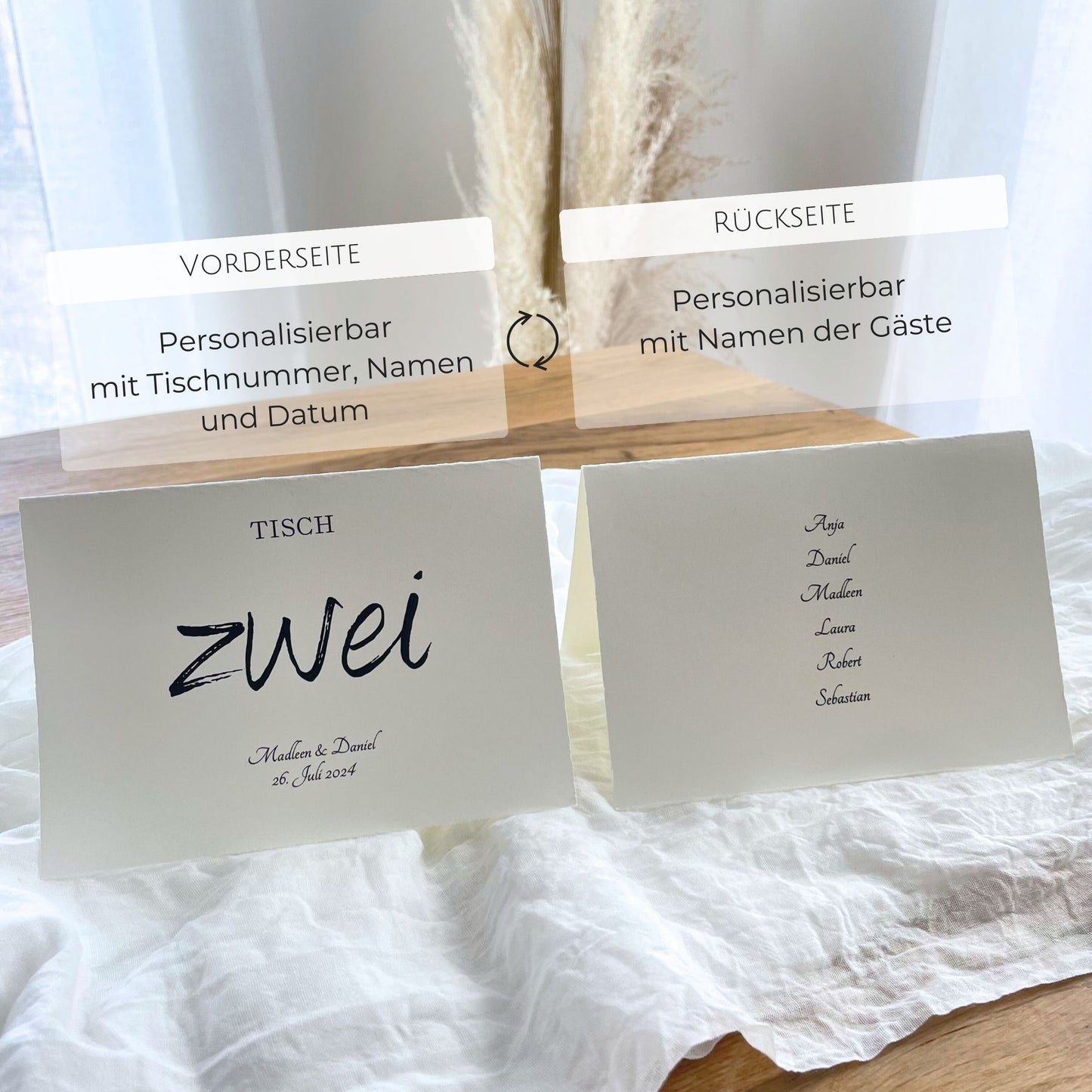 Personalisierte Tischnummern A6 – Rückseite mit Gästennamen