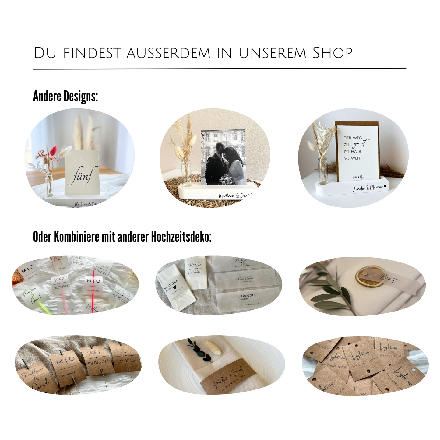 Artikel, die du in unserem Shop finden kannst, wie z.B. Banderolen, Schilder mit Knicklichter, Namenskarten, uvm.