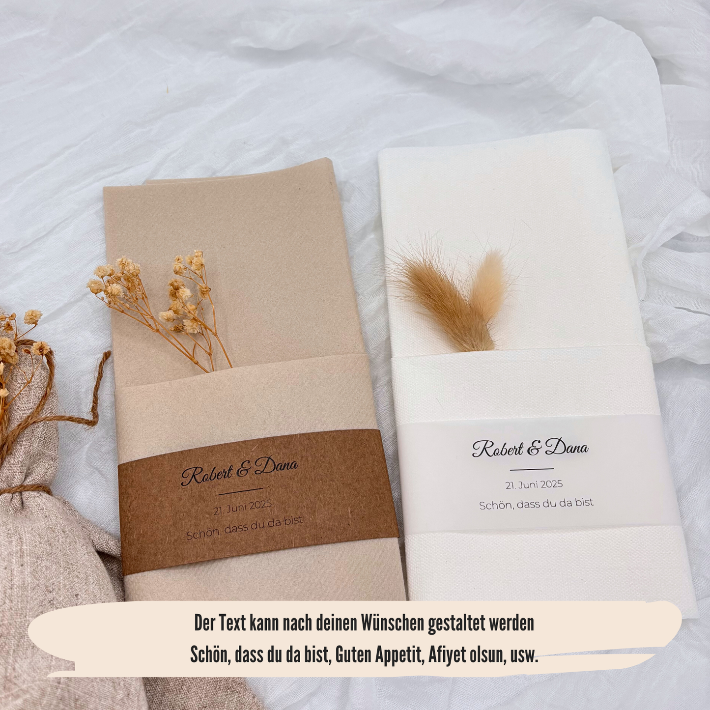 Premium Kraftpapier mit individualisierbarem Text für Hochzeiten. Stilvolle, natürliche Dekoration für Brautpaare, die ein persönliches Ambiente schaffen möchten.