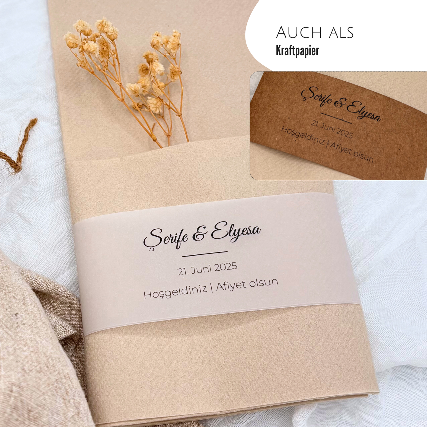 Hochzeitseinladungen aus Kraftpapier, mit personalisierbarer Schrift für Namen und Datum. Ideal für persönliche Hochzeitsdekorationen und DIY-Designs, besonders passend für junge Bräute.
Bild 2: