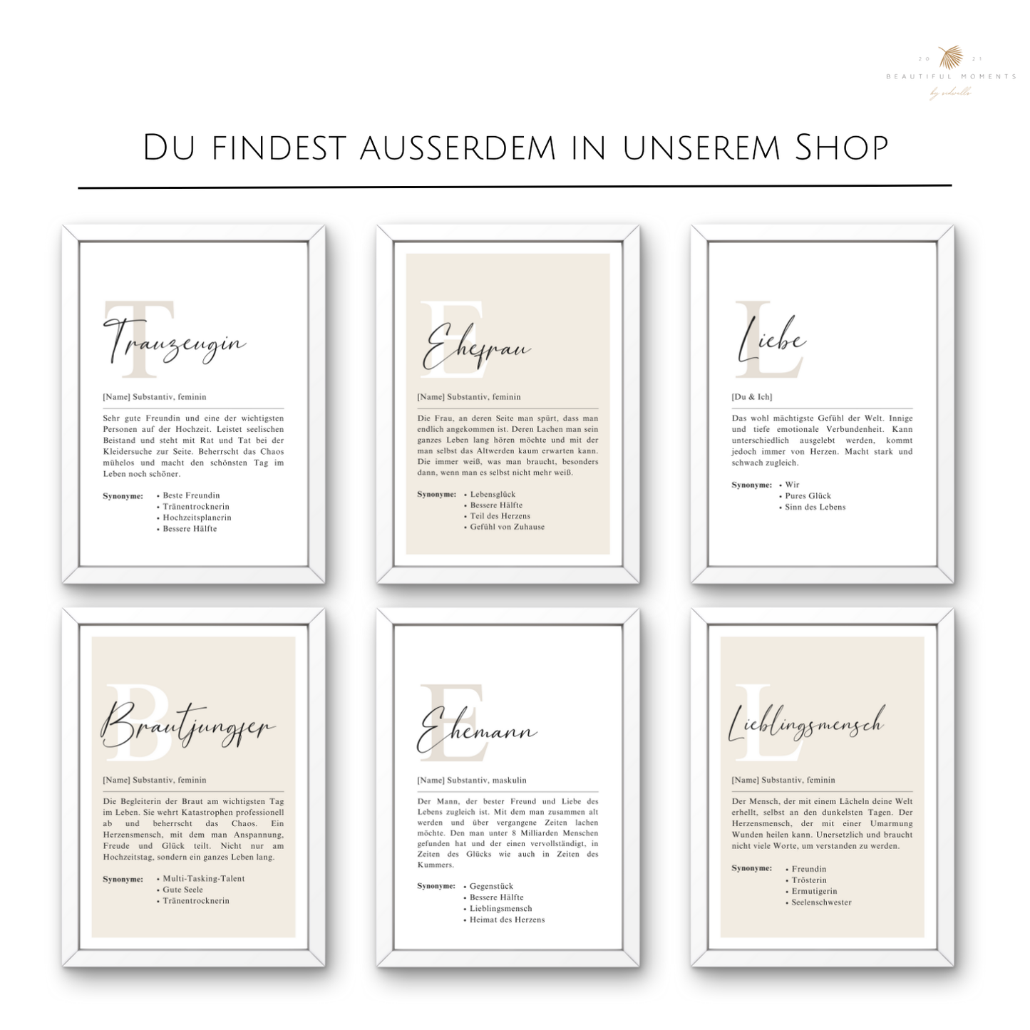 Verschiedene Hochzeitsmotive in weißem Rahmen. Wir, Ehemann, Ehefrau. Dekorative Präsente für Brautpartys und Hochzeiten. Perfekt für stilbewusste Bräute und Begleiterinnen.