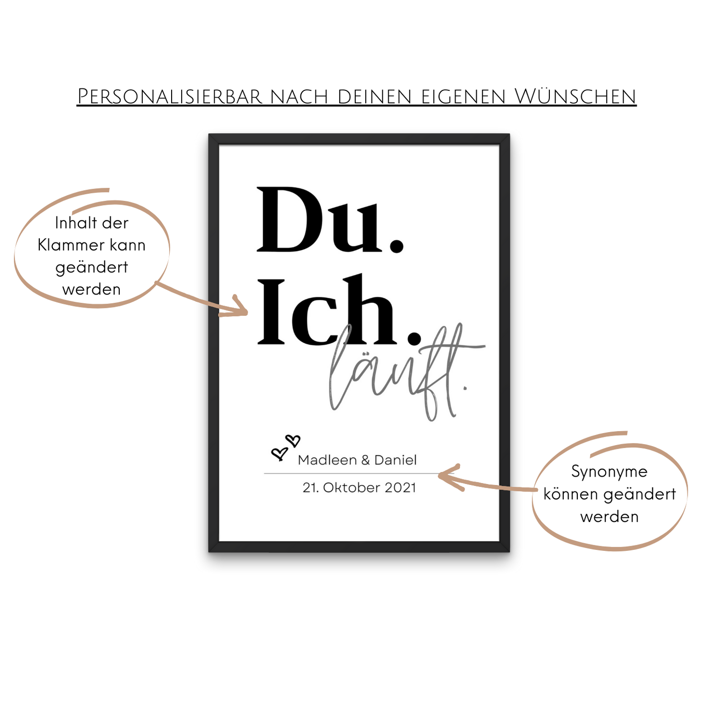 Modernes personalisierbares Poster Du Ich läuft. Der Text kann mit Namen und Datum wie Madleen und Daniel 21 Oktober 2021 personalisiert werden. Ideal für maßgeschneiderte Geschenke zur Hochzeit oder Jubiläum