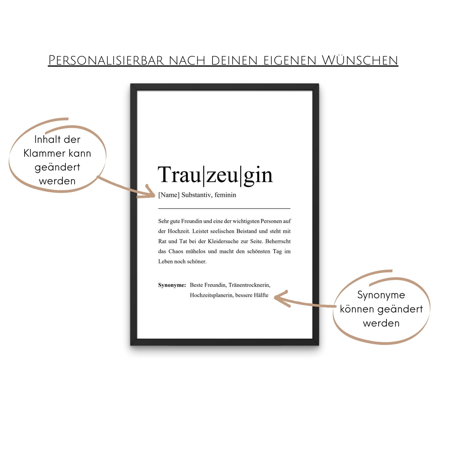 Personalisiertes Trauzeuginnen-Poster mit Definition und Synonymen. Der Inhalt der Klammer ist anpassbar, ideal für Hochzeitsgeschenke. Schwarz-weißer Druck im modernen Design für eine individuelle Note.